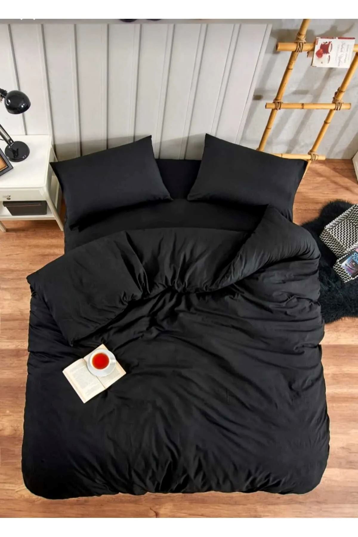 120 x 200 Yataklar İçin Pamuklu Nevresim Takımı Düz Renk Siyah