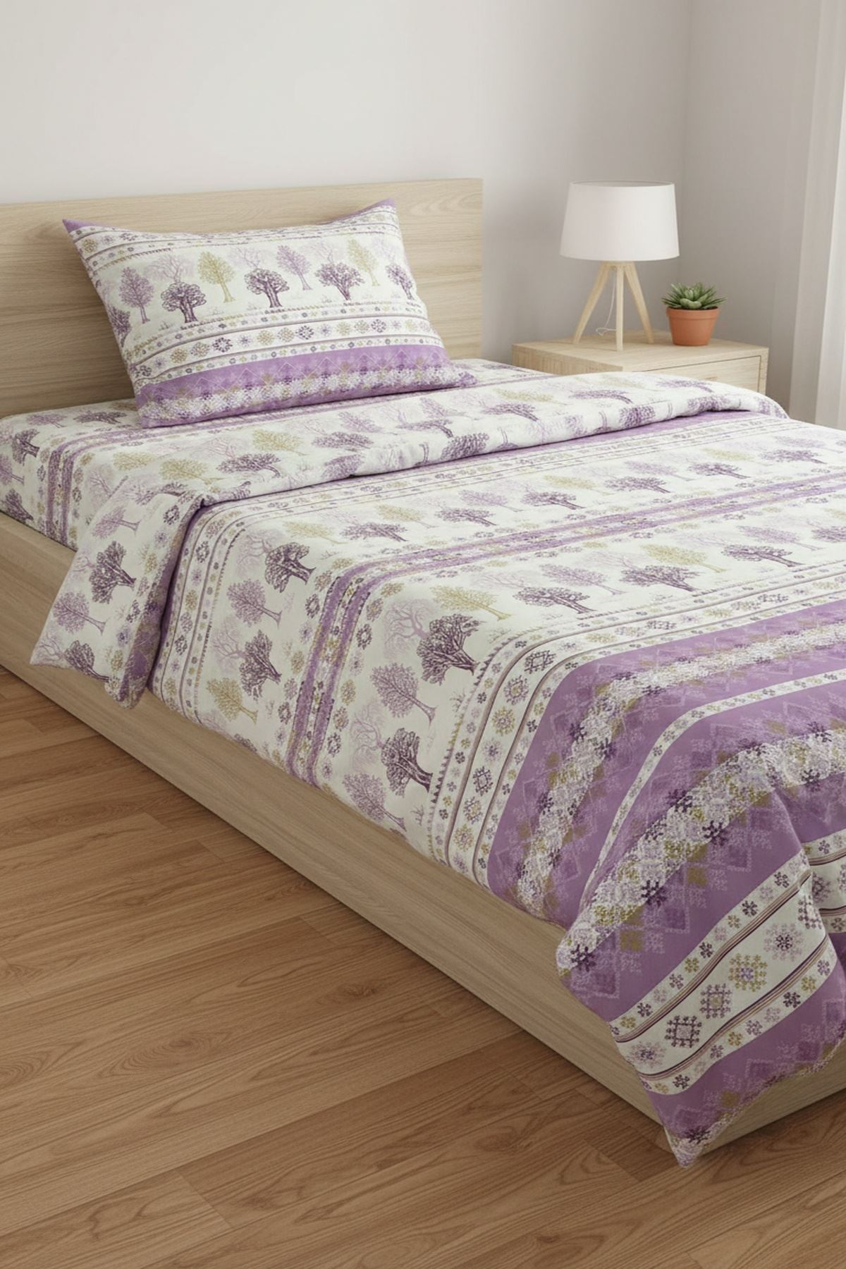 120 x 200 Yataklar İçin Pamuklu Ağaç Desen Nevresim Takımı Mor