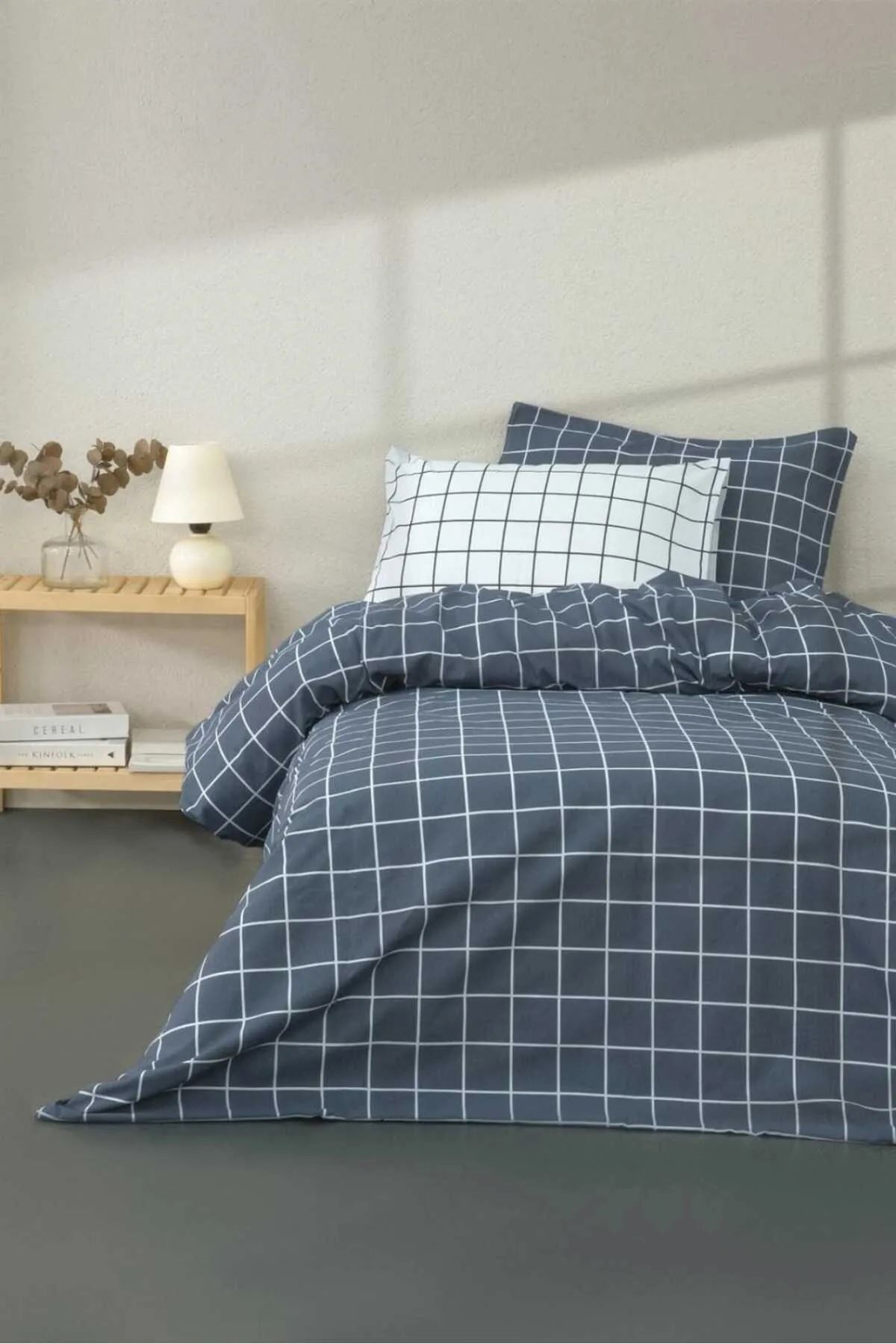 120 x 200 Yataklar İçin Pamuklu Ekose Nevresim Takımı Kareli Antrasit