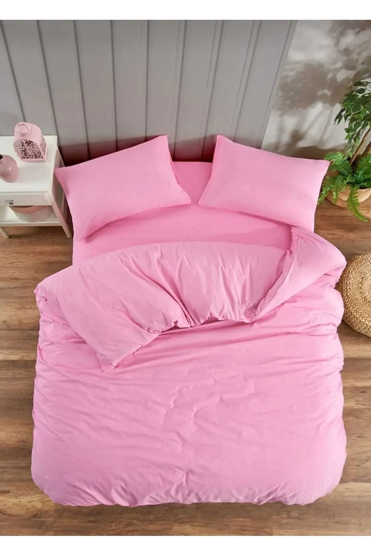 120 x 200 Yataklar İçin Pamuklu Nevresim Takımı Düz Renk Pembe