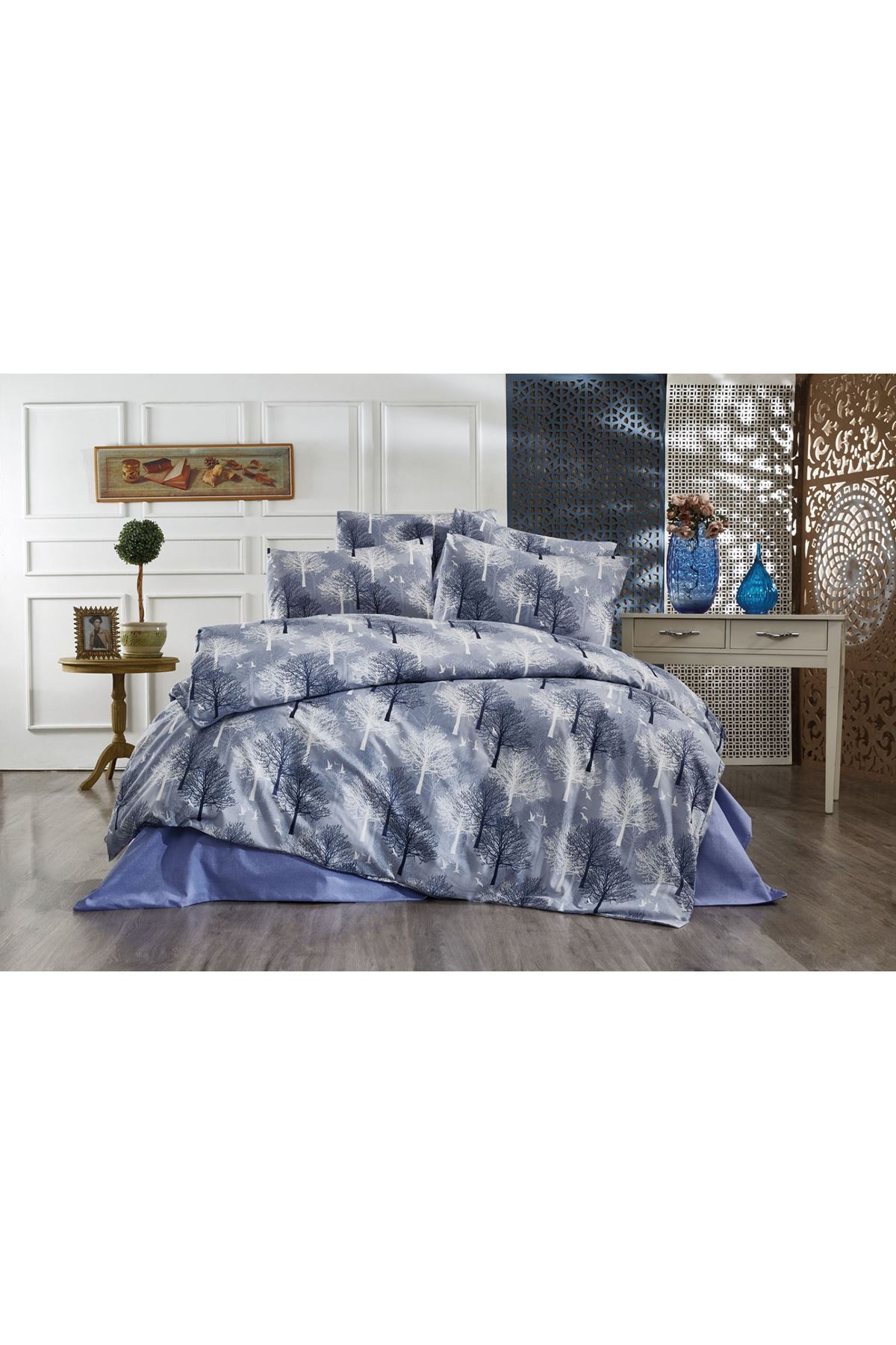 120 x 200 Yataklar İçin Pamuklu Yeni Ağaç Desen Nevresim Takımı  Mavi