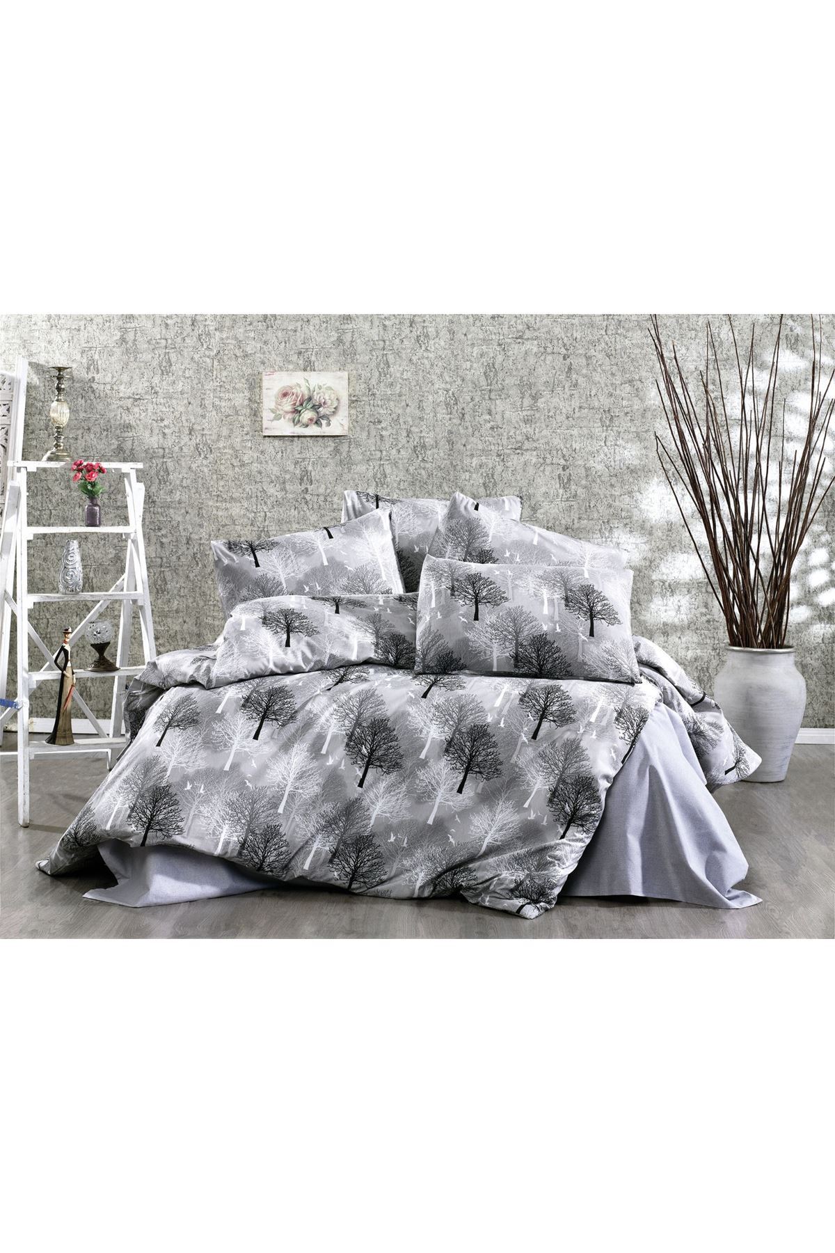 120 x 200 Yataklar İçin Pamuklu Yeni Ağaç Desen Nevresim Takımı  Gri