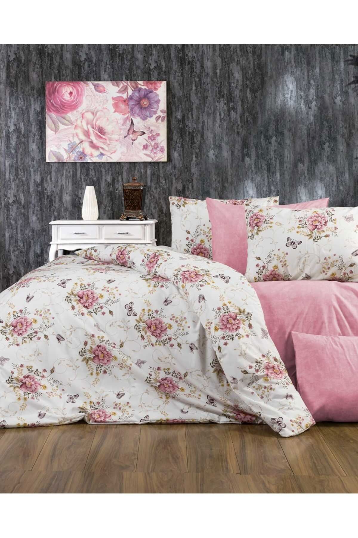 120 x 200 Yataklar İçin Ranforce Pamuklu Nevresim Takımı Kelebek Pembe