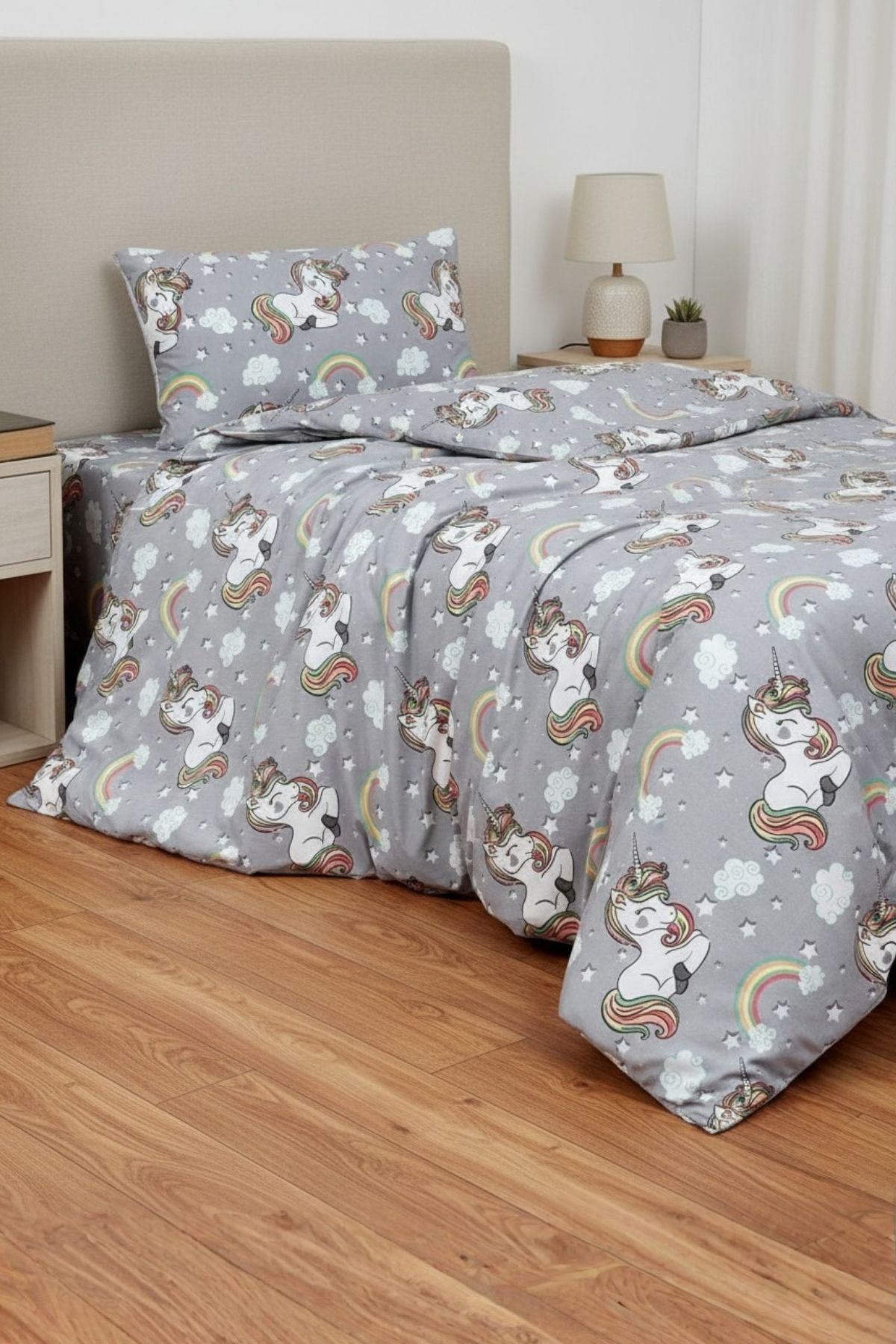 120 x 200 Yataklar İçin Unicorn Pamuklu Kız Çocuk Lastikli Çarşaflı Nevresim Takımı Gri