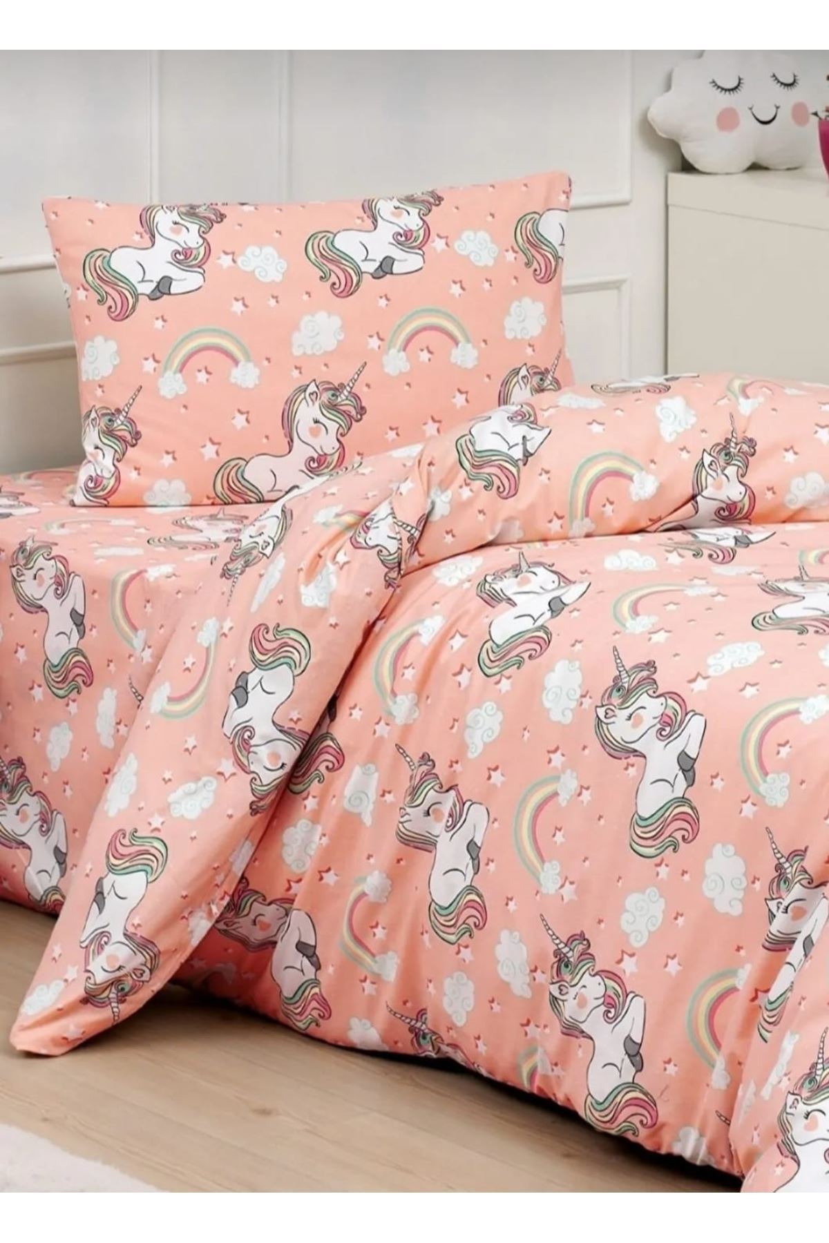 120 x 200 Yataklar İçin Unicorn Pamuklu Kız Çocuk Lastikli Çarşaflı Nevresim Takımı Somon