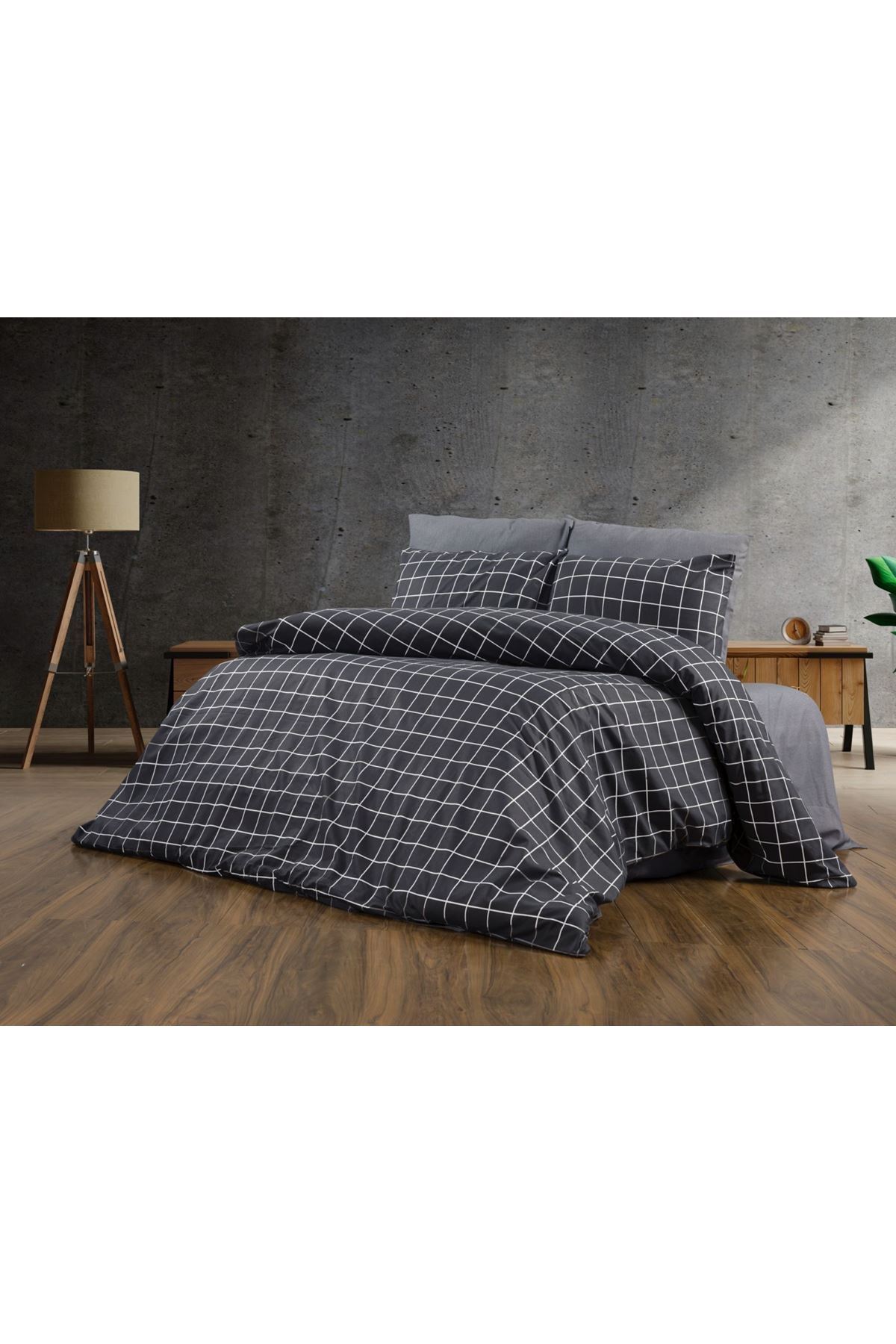 120 x 200 Yataklar İçin Pamuklu Ekose Nevresim Takımı Kareli Siyah
