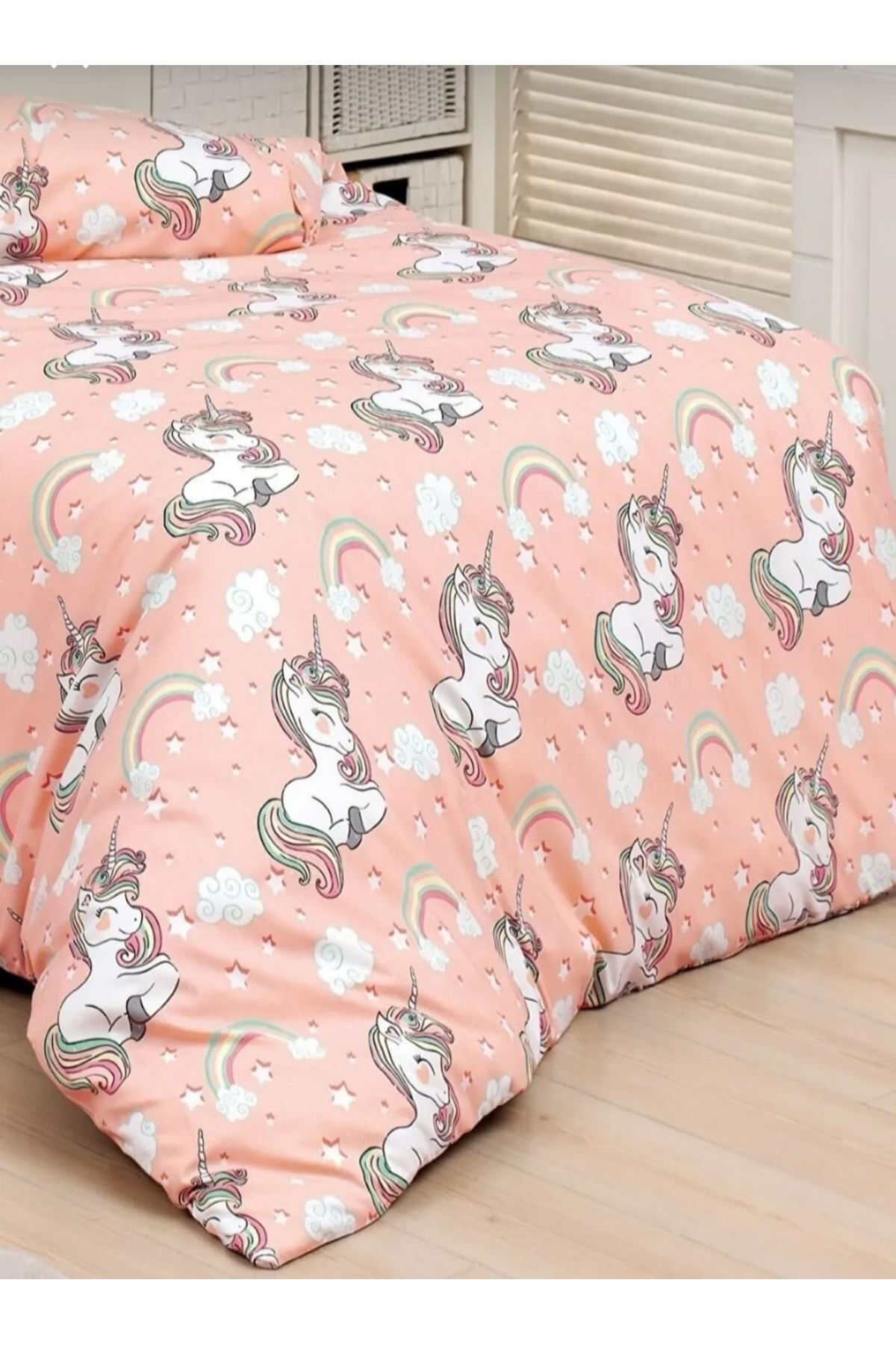 120 x 200 Yataklar İçin Unicorn Pamuklu Kız Çocuk Lastikli Çarşaflı Nevresim Takımı Somon