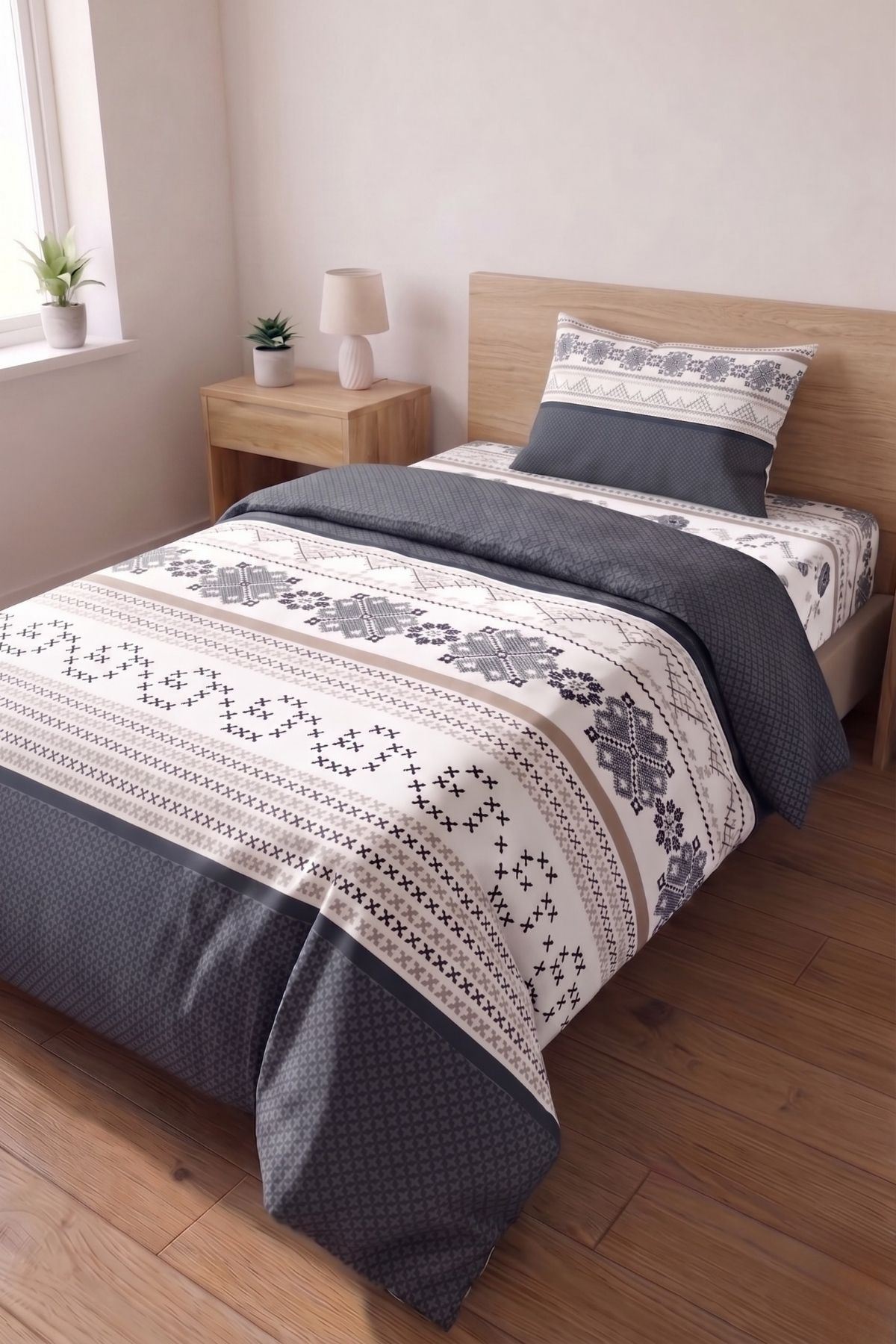 120 X 200 Yataklar İçin Kanaviçe Desen Pamuklu Nevresim Takımı Gri