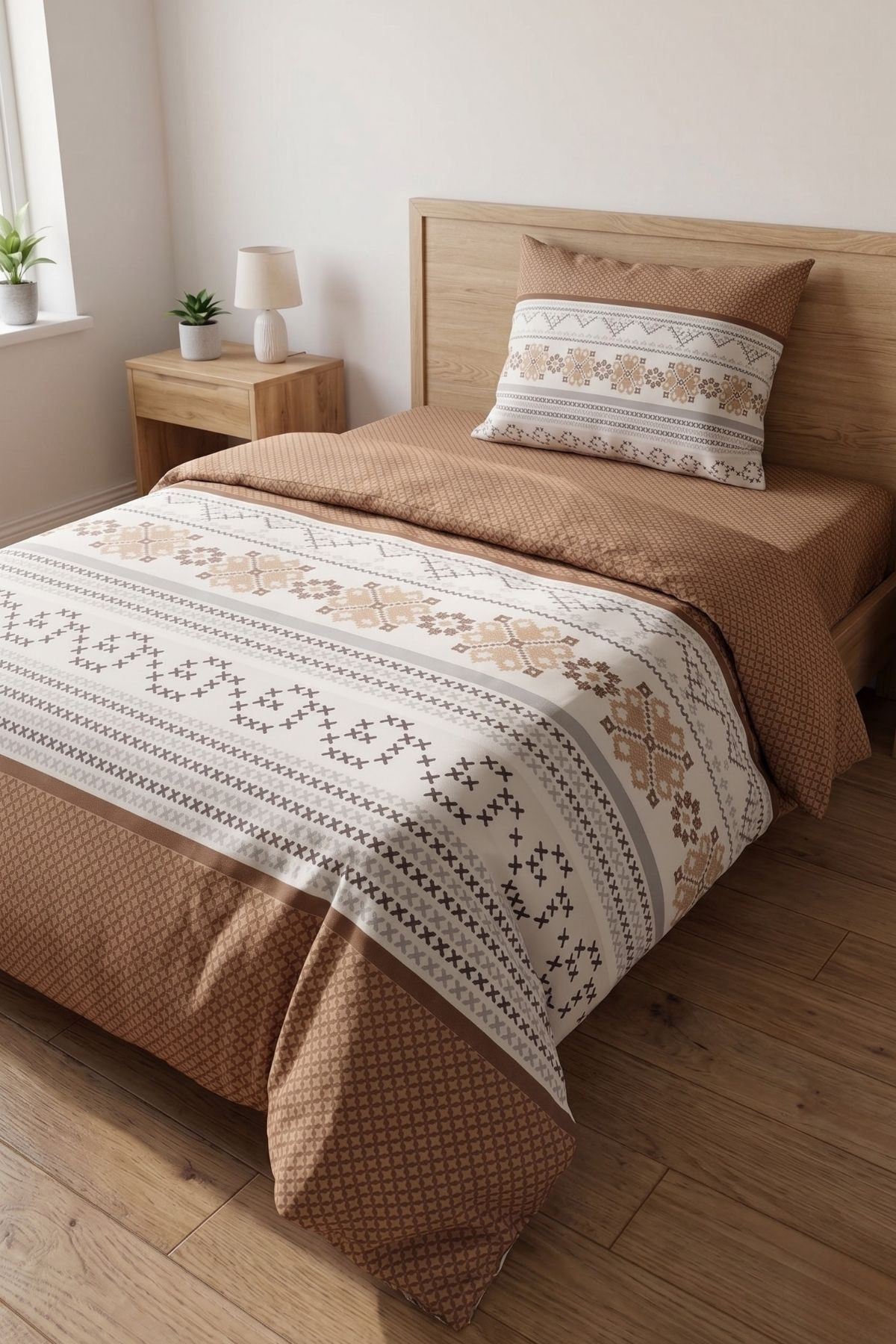 Pamuklu Tek Kişilik Kanaviçe Desen Nevresim Takımı ( Çarşafı Lastikli ) Kahverengi