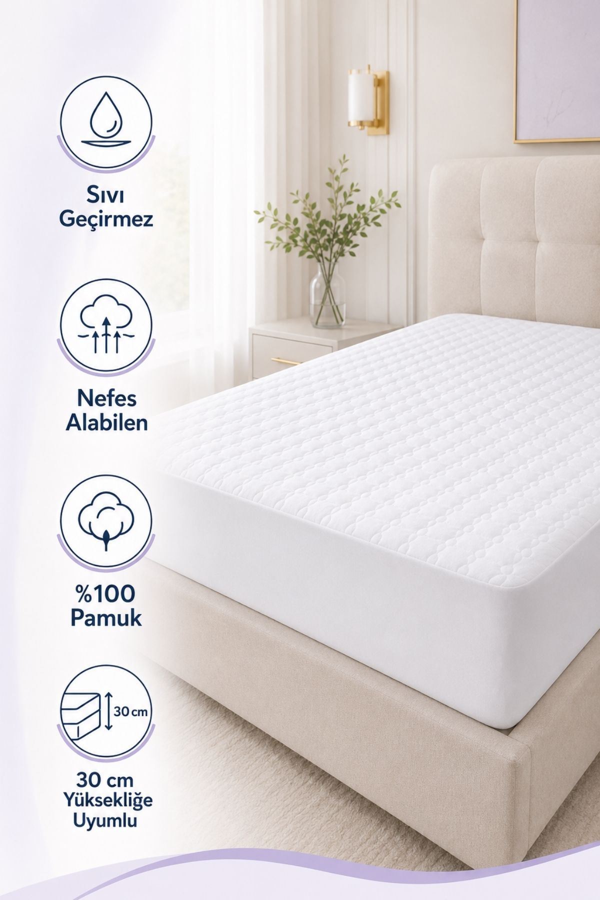 Tek Kişilik %100 Pamuk Bambu Lastikli Çarşaf Tipi Fitted Alez – Sıvı Geçirmez Yatak Koruyucu