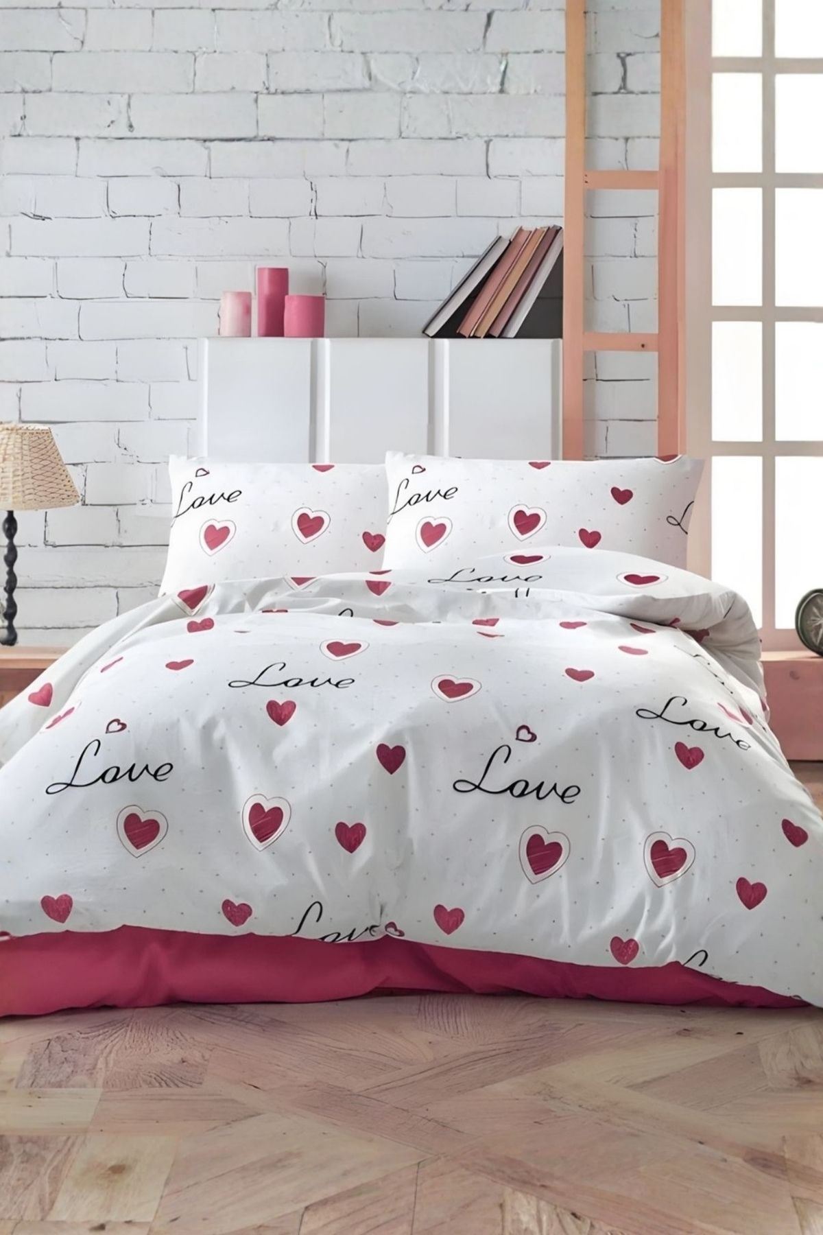 Pamuklu Ranforce Kumaş Çift Kişilik Nevresim Takımı ( Çarşafı Lastikli ) Love Desen
