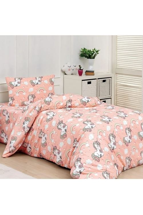 Unicorn Pamuklu Kız Çocuk Lastikli Çarşaflı (FİTTED) Tek Kişilik Nevresim Takımı Somon