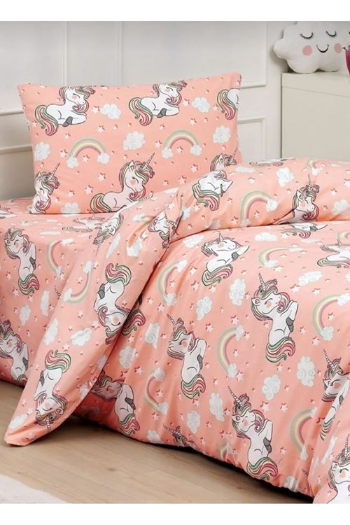 Unicorn Pamuklu Kız Çocuk Lastikli Çarşaflı (FİTTED) Tek Kişilik Nevresim Takımı Somon