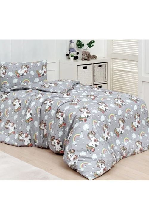 Unicorn Pamuklu Kız Çocuk Lastikli Çarşaflı (FİTTED) Tek Kişilik Nevresim Takımı Gri