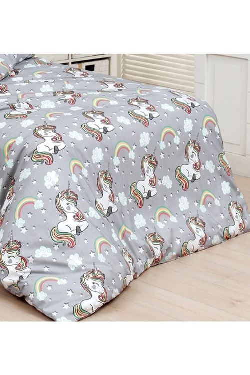 Unicorn Pamuklu Kız Çocuk Lastikli Çarşaflı (FİTTED) Tek Kişilik Nevresim Takımı Gri