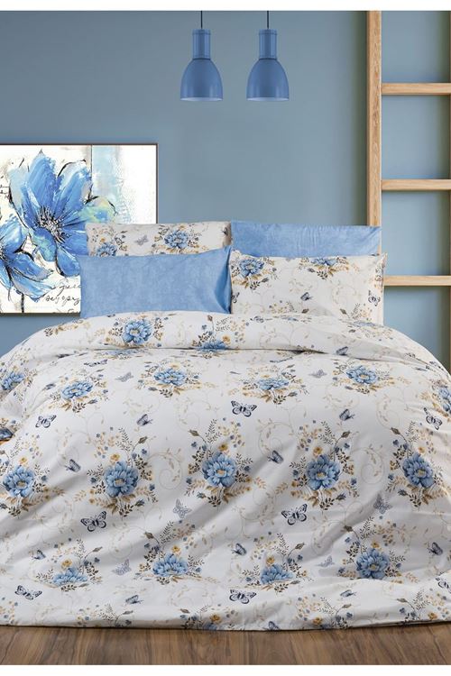 TEK KİŞİLİK RANFORCE PAMUKLU ÇARŞAFI LASTİKLİ NEVRESİM TAKIMI MAVİ