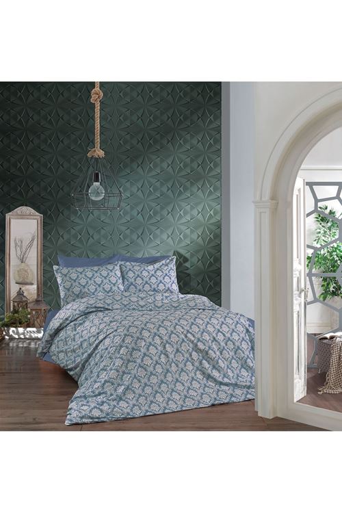 TEK KİŞİLİK PAMUKLU LASTİKLİ ÇARŞAF TAKIMI ( ŞAL-DAMAKS DESEN ) MAVİ