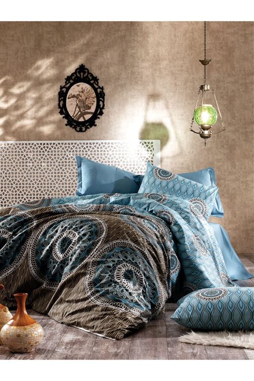 Tek Kişilik Pamuklu Çarşafı Lastikli Nevresim Takımı Turkuaz