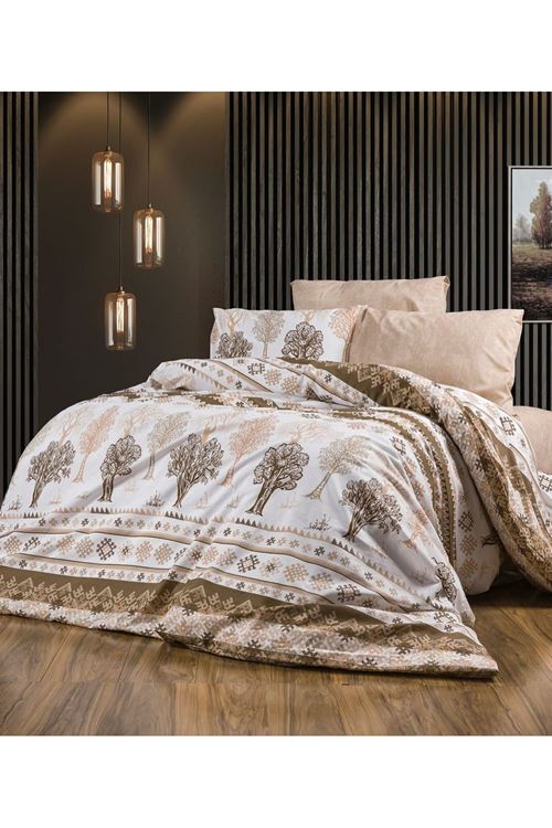 TEK KİŞİLİK PAMUKLU AĞAÇ DESEN NEVRESİM TAKIMI ( ÇARŞAF LASTİKLİ ) KAHVERENGİ