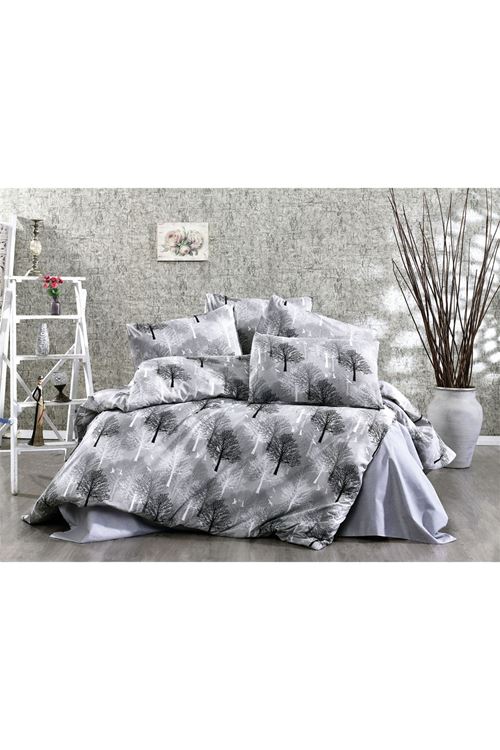 TEK KİŞİLİK PAMUKLU YENİ AĞAÇ DESEN NEVRESİM TAKIMI ( ÇARŞAF LASTİKLİ ) GRİ