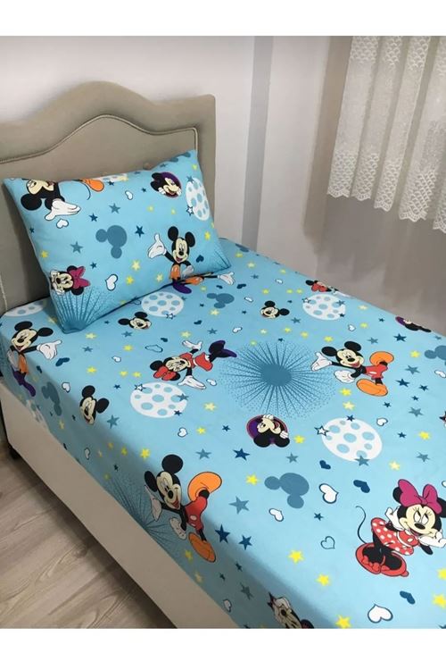 Tek Kişilik mickey mause Desenli Lastikli Çarşaf Takımı 100x200 suyeşili
