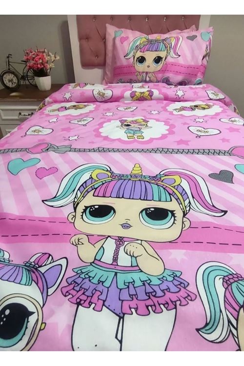 Tek Kişilik Lol Bebek Lastikli Çarşaf + 1 Adet Yastık Kılıfı PEMBE