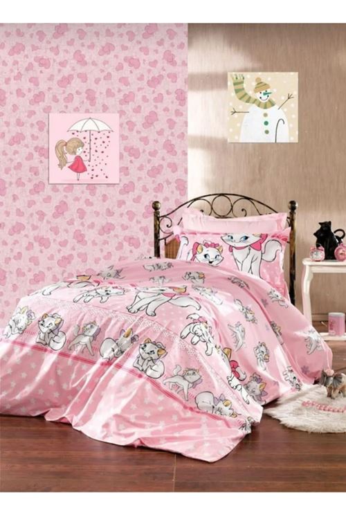 Tek Kişilik Kedi Desen Lastikli Çarşaf + 1 Adet Yastık Kılıfı PEMBE