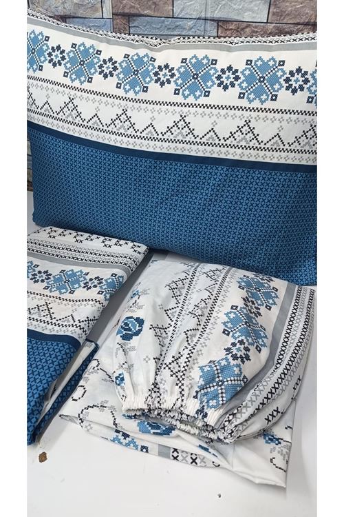 Tek Kişilik Kanaviçe Desen Pamuklu Nevresim Takımı ( Çarşafı Lastikli ) Turkuaz