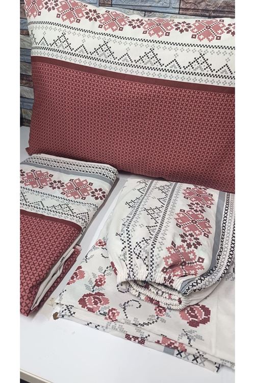 Tek Kişilik Kanaviçe Desen Pamuklu Nevresim Takımı ( Çarşafı Lastikli ) KİREMİT