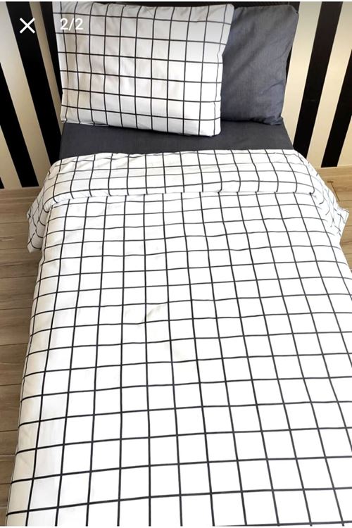 Tek Kişilik Beyaz Kareli Nevresim Takımı Lastikli Çarşaflı Nevresim Takımı Beyaz