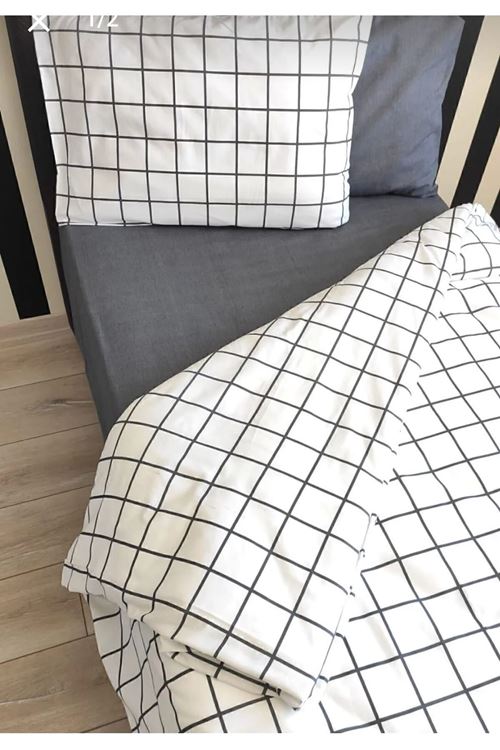 Tek Kişilik Beyaz Kareli Nevresim Takımı Lastikli Çarşaflı Nevresim Takımı Beyaz