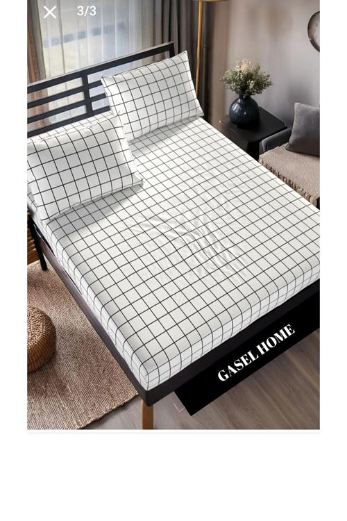 Pamuklu Tek Kişilik Lastikli Çarşaf Takımı Kareli Beyaz