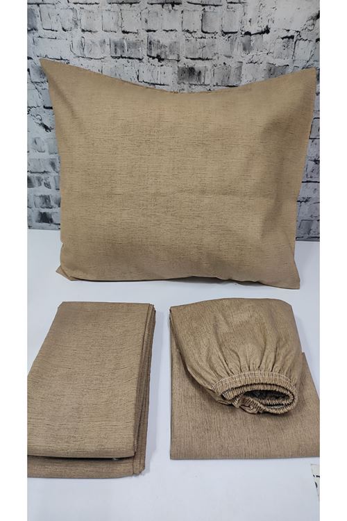 Düz Renk Pamuklu Kumaş Tek Kişilik Nevresim Takımı ( Lastikli Çarşaf ) KAHVE