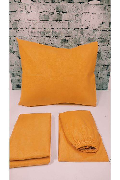 Düz Renk Pamuklu Kumaş Çift Kişilik Nevresim Takımı ( Lastikli Çarşaf ) TURUNCU