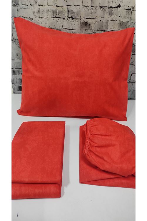 Düz Renk Pamuklu Kumaş Çift Kişilik Nevresim Takımı ( Lastikli Çarşaf ) KIRMIZI