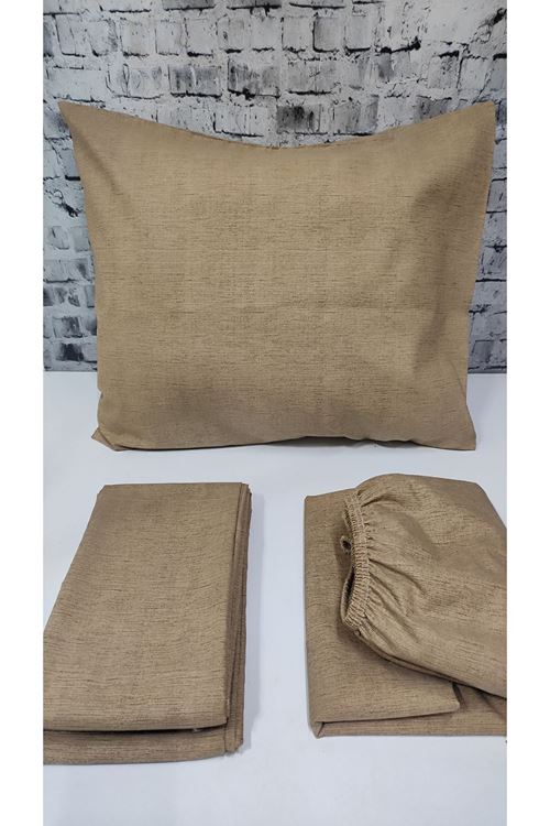 Düz Renk Pamuklu Kumaş Çift Kişilik Nevresim Takımı ( Lastikli Çarşaf ) KAHVERENGİ