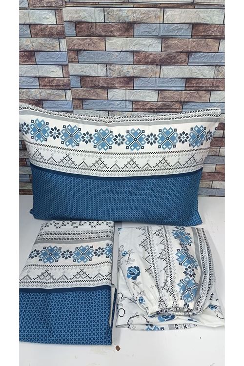 Pamuklu Tek Kişilik Kanaviçe Desen Nevresim Takımı ( Çarşafı Lastikli ) MAVİ