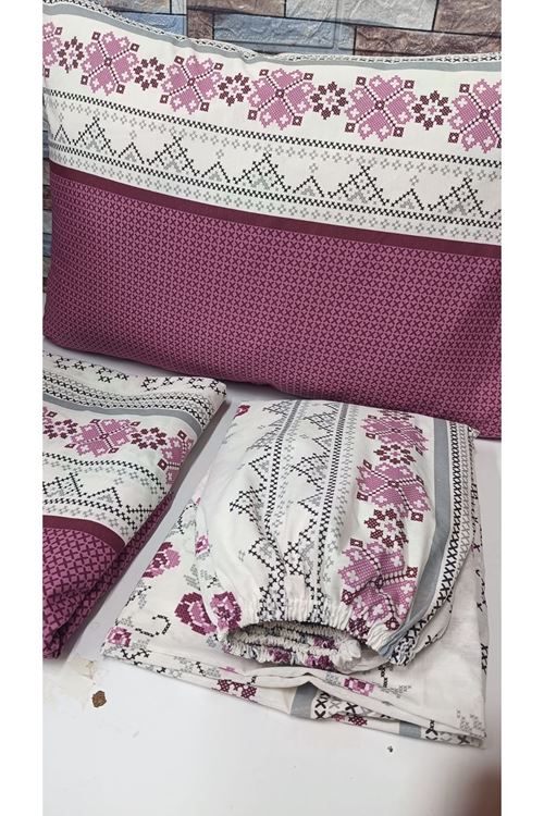 Pamuklu Tek Kişilik Kanaviçe Desen Nevresim Takımı ( Çarşafı Lastikli ) GÜLKURUSU