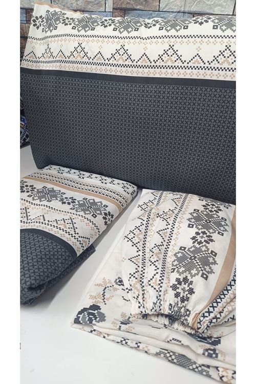 Pamuklu Tek Kişilik Kanaviçe Desen Nevresim Takımı ( Çarşafı Lastikli ) GRİ