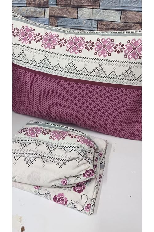 Pamuklu Tek Kişilik Kanaviçe Desen Lastikli Çarşaf Takımı PEMBE