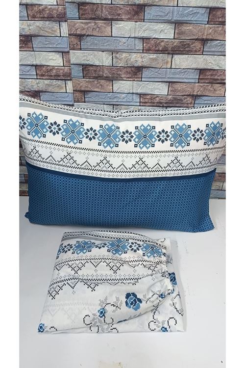 Pamuklu Tek Kişilik Kanaviçe Desen Lastikli Çarşaf Takımı MAVİ