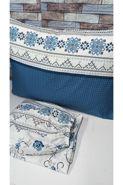 Pamuklu Tek Kişilik Kanaviçe Desen Lastikli Çarşaf Takımı MAVİ