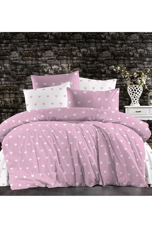 PAMUKLU RANFORCE KUMAŞ TEK KİŞİLİK NEVRESİM TAKIMI ( ÇARŞAFI LASTİKLİ ) PEMBE KALP