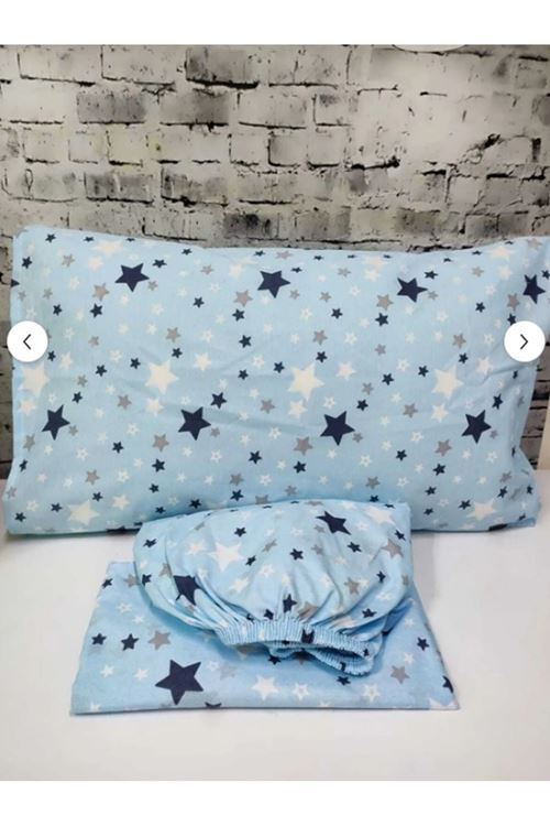 Pamuklu Kumaş Yıldız Desen Çift Kişilik Lastikli Çarşaf Takımı MAVİ