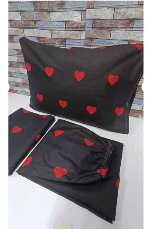 PAMUKLU KALP DESEN TEK KİŞİLİK NEVRESİM TAKIMI (ÇARŞAFI LASTİKLİ) SİYAH