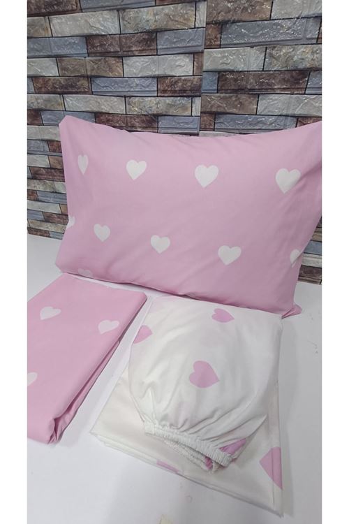 PAMUKLU KALP DESEN TEK KİŞİLİK NEVRESİM TAKIMI (ÇARŞAFI LASTİKLİ) PEMBE