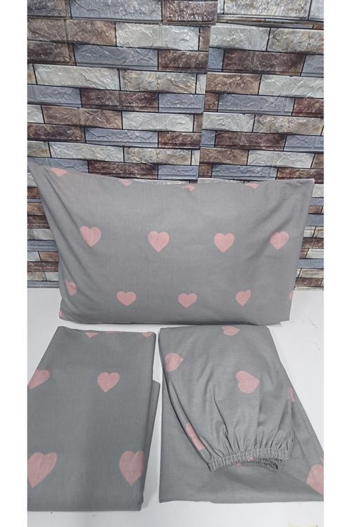 PAMUKLU KALP DESEN TEK KİŞİLİK NEVRESİM TAKIMI (ÇARŞAFI LASTİKLİ) GRİ