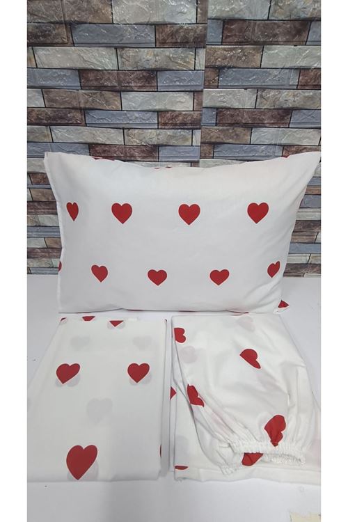 PAMUKLU KALP DESEN TEK KİŞİLİK NEVRESİM TAKIMI (ÇARŞAFI LASTİKLİ) BEYAZ KIRMIZI