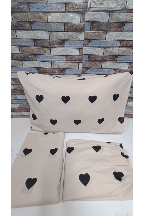 PAMUKLU KALP DESEN TEK KİŞİLİK NEVRESİM TAKIMI (ÇARŞAFI LASTİKLİ) BEJ