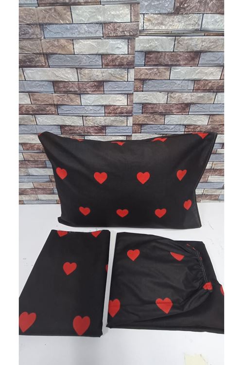 PAMUKLU KALP DESEN ÇİFT KİŞİLİK NEVRESİM TAKIMI (ÇARŞAFI LASTİKLİ) SİYAH